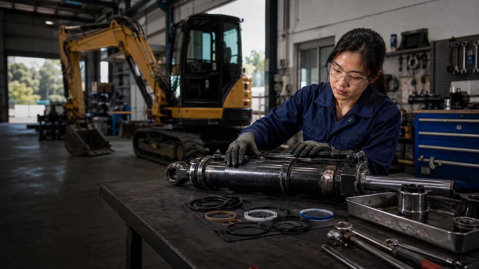 An Asian after-sales specialist inspecting a hydraulic component and replacement seals in a service workshop