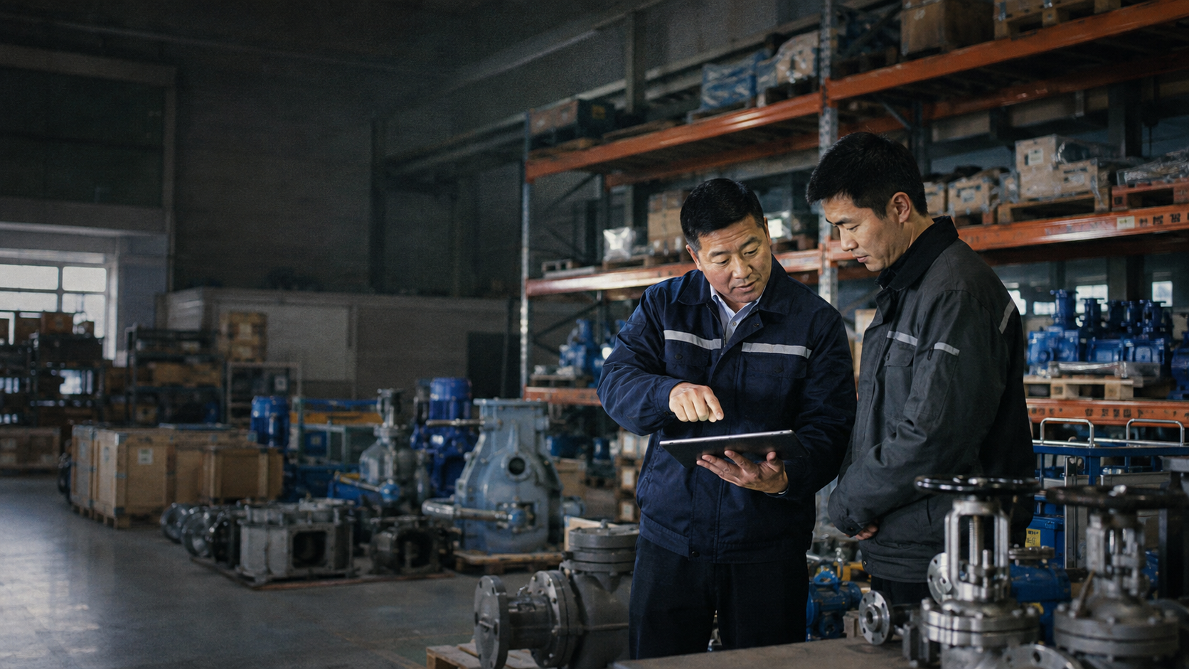Two Asian industrial specialists reviewing product information on a tablet among pumps and spare parts