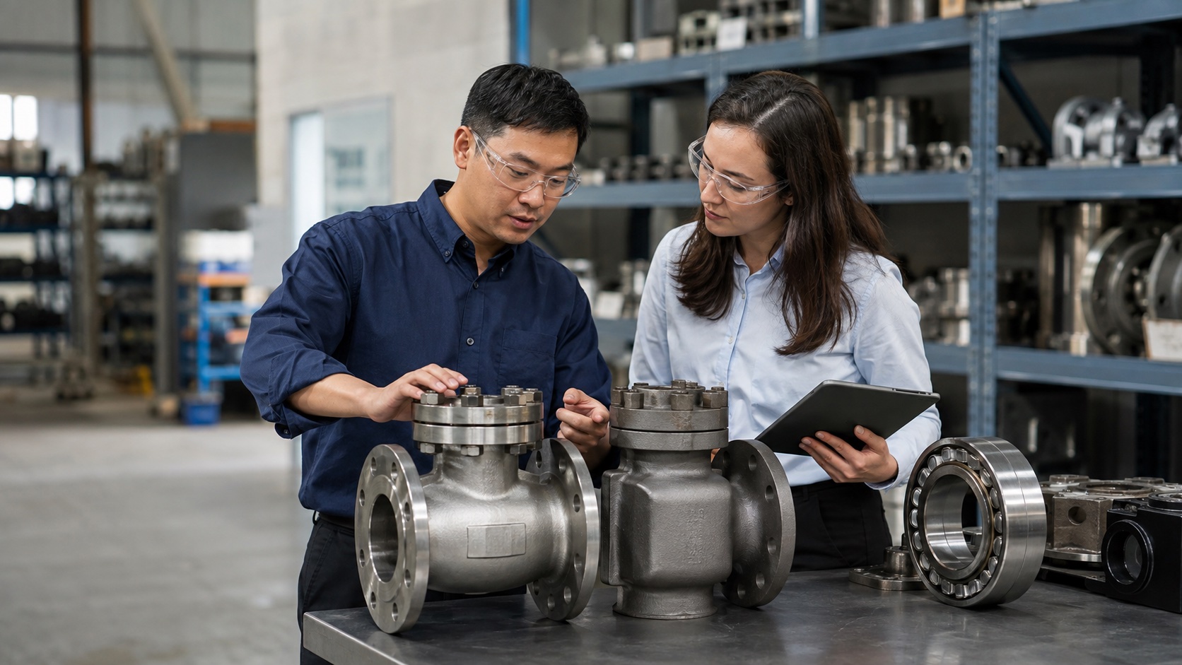 An Asian product specialist comparing industrial valves with a colleague using a digital catalogue