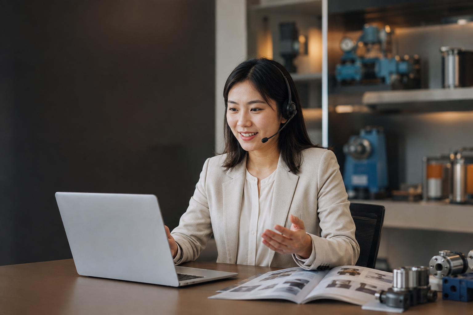 An Asian industrial sales adviser responding to an online buyer enquiry from a product showroom office