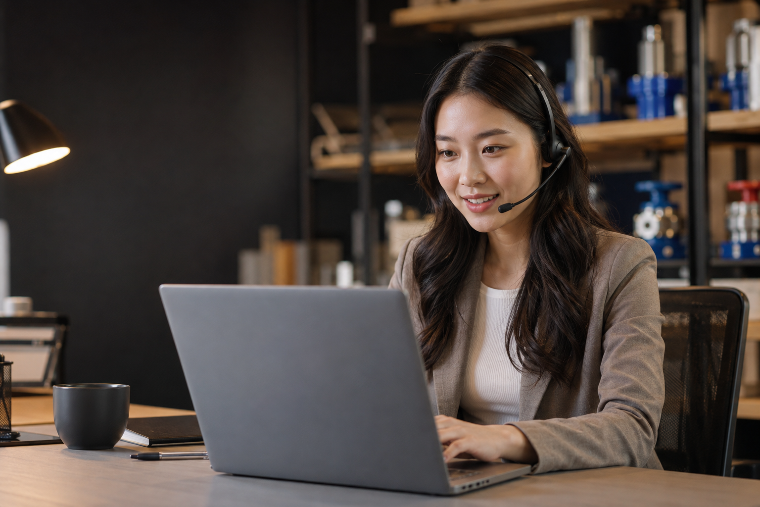 An Asian customer support adviser answering a product enquiry from a digital support desk