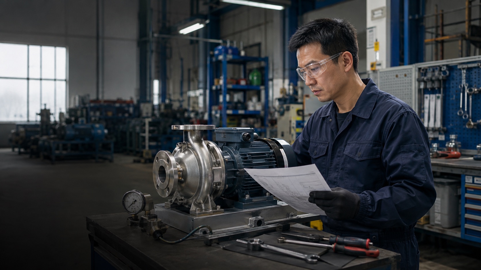 An Asian technical specialist checking an industrial pump against approved technical documentation