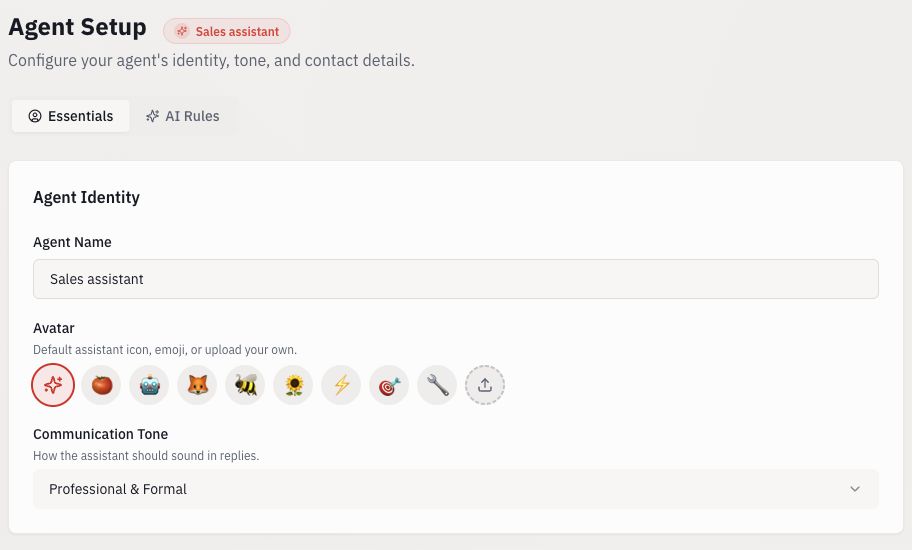 Agent Setup Essentials showing Agent Name, Avatar and Communication Tone.