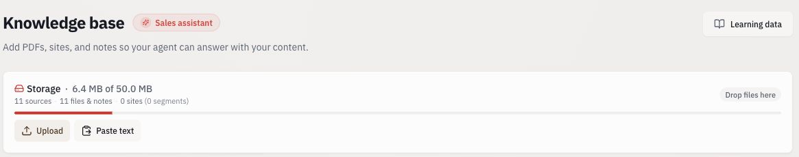 Knowledge base toolbar with Upload and Paste text.