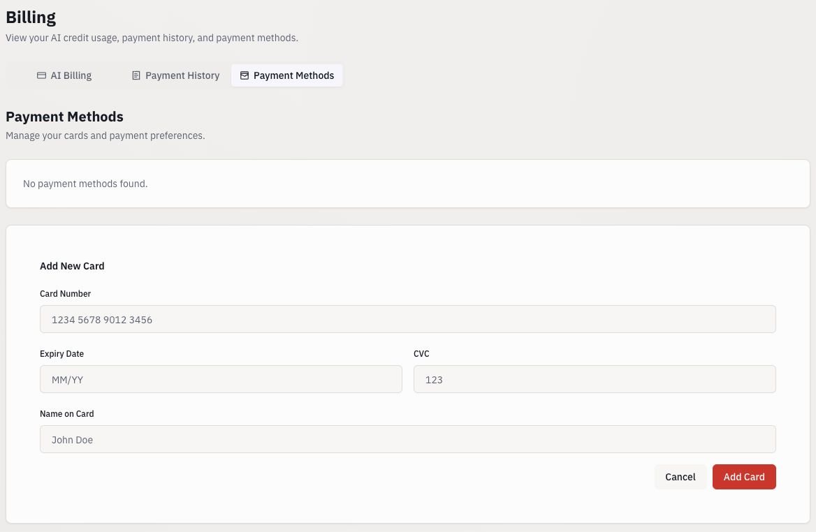 Billing Payment Methods screen with an empty Add New Card form. All shown values are placeholders.