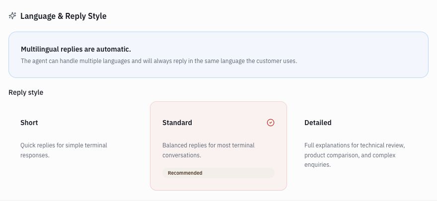 AI Rules showing Short, Standard and Detailed reply style options.
